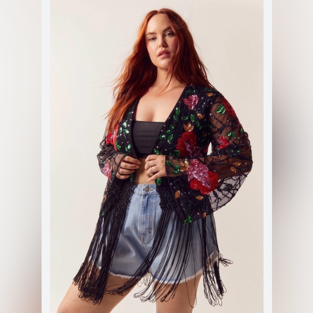 Nasty Gal Black Sheer Kimono with Floral Sequin Embroidery w/ Tassel Hem 14